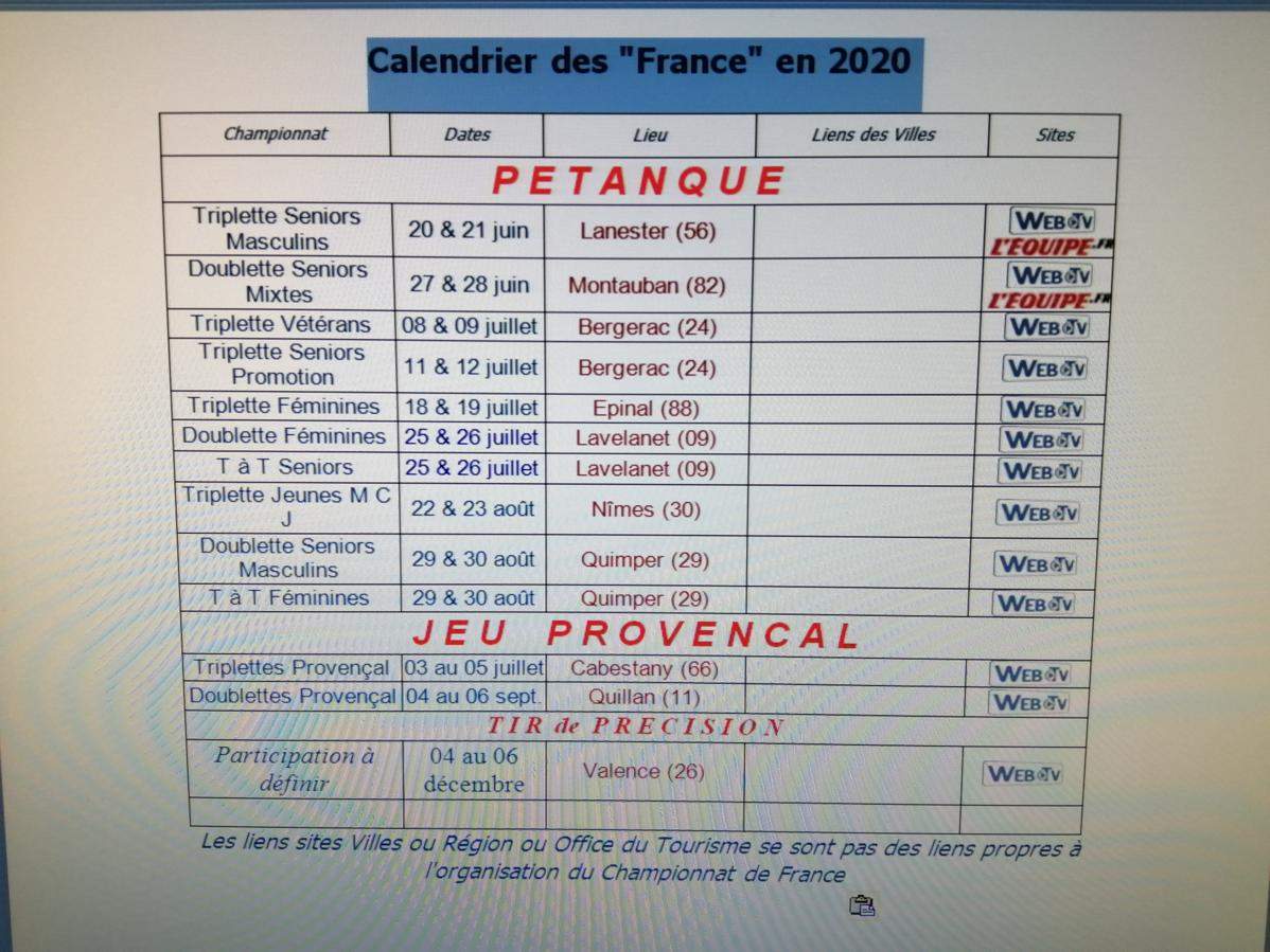 Album - Calendrier des championnats de France 2020 - club Pétanque Club