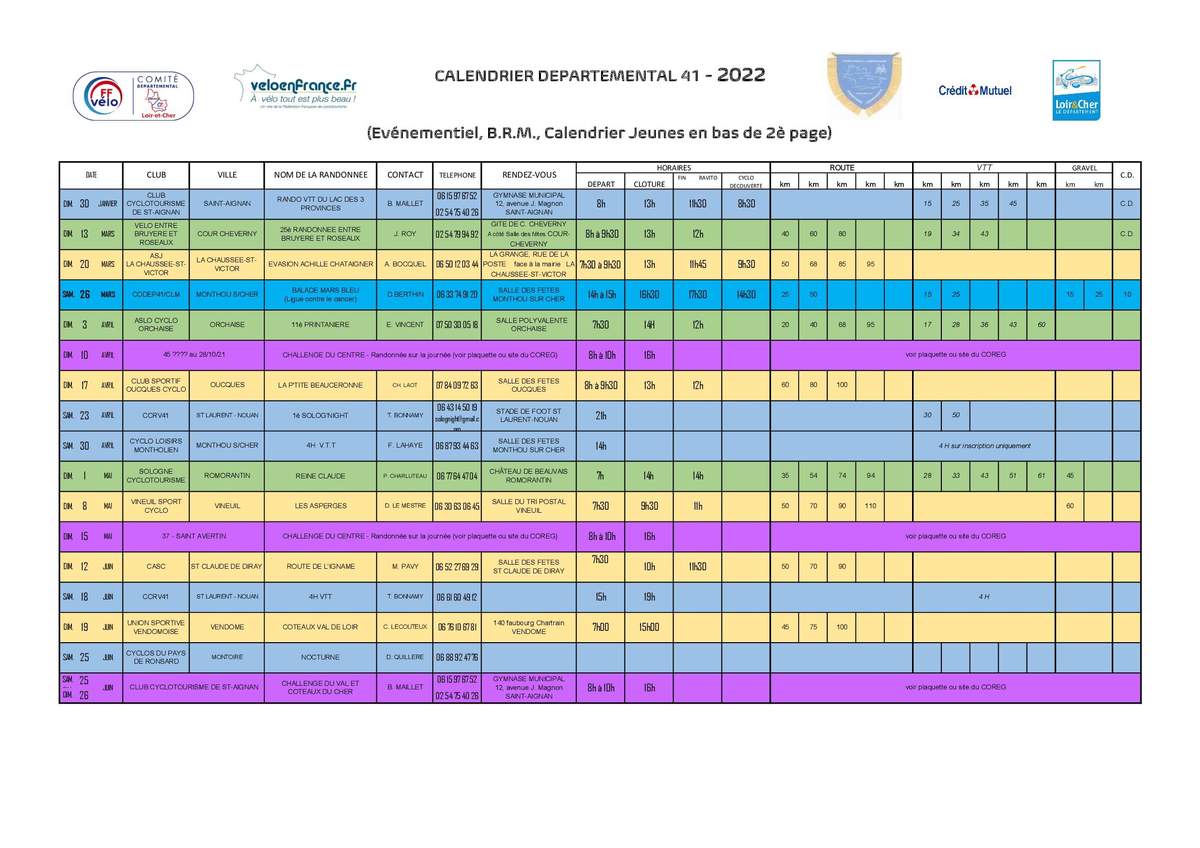 Actualité - Le calendrier départementale 2022 est paru.. - club