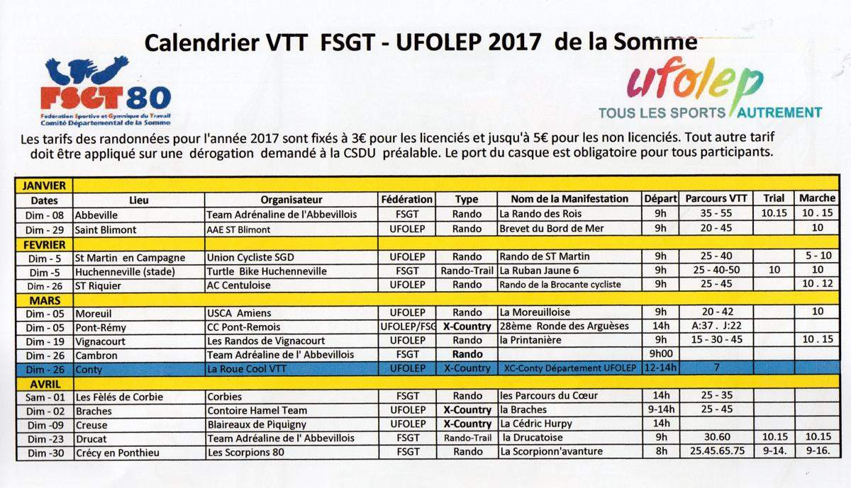 Actualité - Calendrier VTT (UFOLEP) 80 - club Cyclisme Union cycliste
